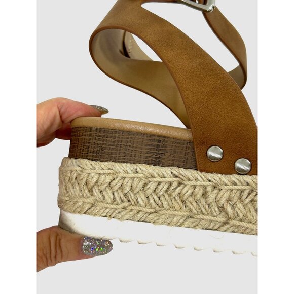 Soda Tuckin Sandals 9 Espadrilles Wedge Platform Tan Brown Ankle Strap Open Toe - Picture 9 of 14
